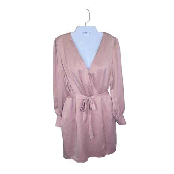 ADELYN RAE Tesora Faux Wrap Dusty Rose Pink Satin Long Sleeve Mini Dress Sz M - Picture 2 of 13